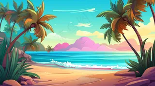 夏日海滩椰子树海浪卡通插画背景