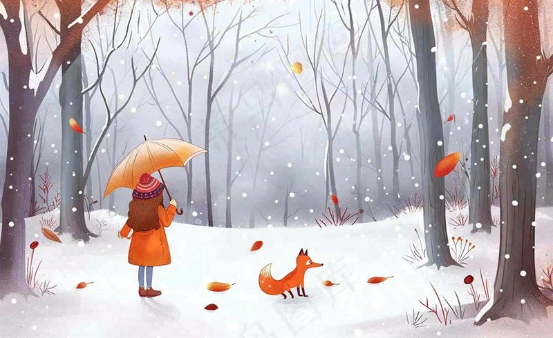 秋冬森林打伞的女孩狐狸动物相遇立冬小雪大雪冬至卡通插画背景(1408x864)