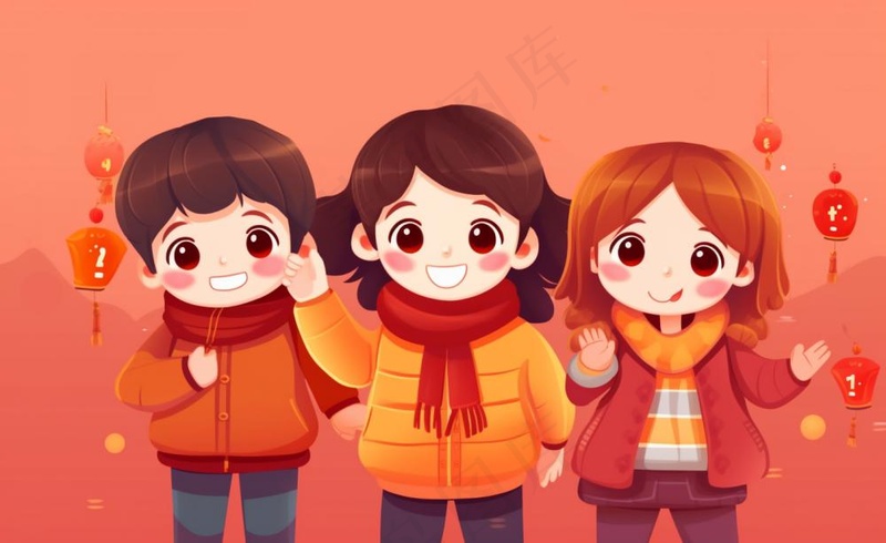 新年张灯结彩孩子们玩乐喜庆红色氛围庆祝卡通插画背景