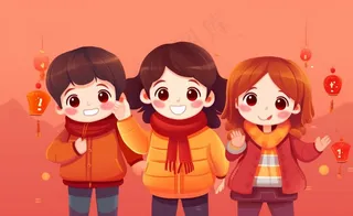 新年张灯结彩孩子们玩乐喜庆红色氛围庆祝卡通插画背景