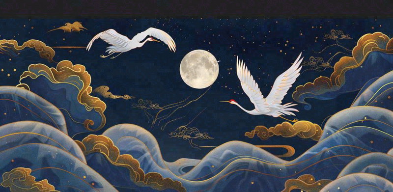 国潮山水中国风手绘祥云仙鹤插画古风唯美山水风景动物蓝金背景