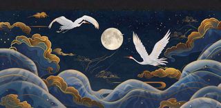 国潮山水中国风手绘祥云仙鹤插画古风唯美山水风景动物蓝金背景