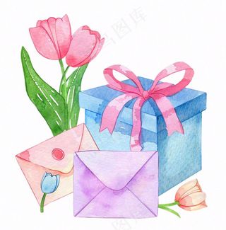 礼物礼盒鲜花郁金香信封水彩画插画免抠