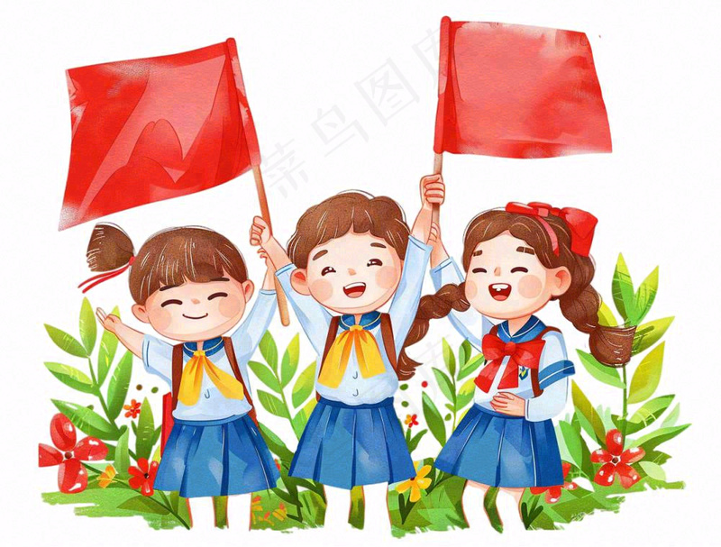学生举着旗帜红旗青少年青年祖国花朵国庆人物卡通插画免抠(1264x960)
