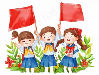 学生举着旗帜红旗青少年青年祖国花朵国庆人物卡通插画免抠