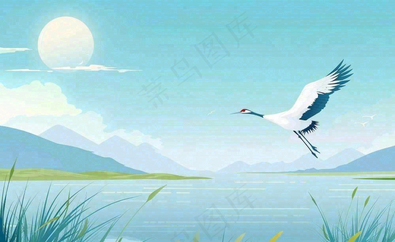 白露芦苇山水飞鹤插画蓝色唯美卡通插画背景(1408x864)