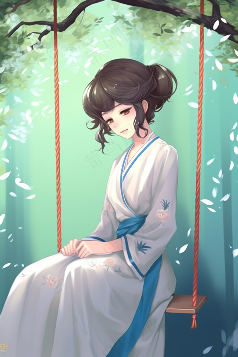 春天梨花树下秋千的少女古风汉服服饰卡通插画背景(2688x4032)