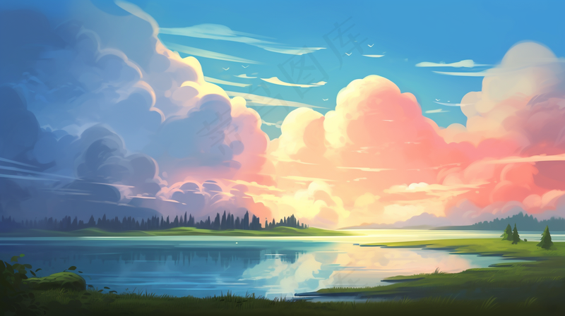 春夏落日余晖草原湖泊卡通插画背景(4368x2448)