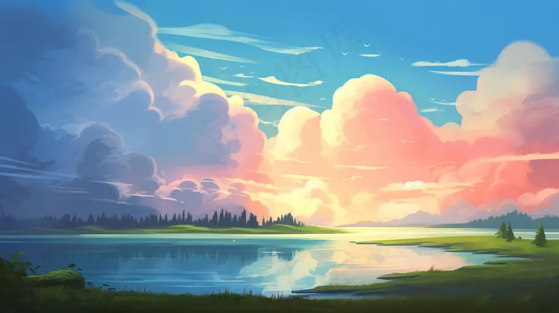 春夏落日余晖草原湖泊卡通插画背景(4368x2448)