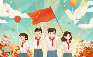 卡通红领巾学生举手旗帜和平鸽班长竞选祖国花朵国庆卡通插画背景