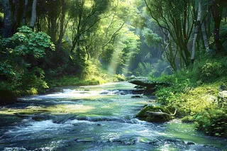 森林里的小溪河流阳光丁达尔效应摄影图