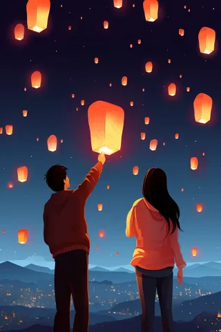 孔明灯祈福点灯情侣卡通插画背景