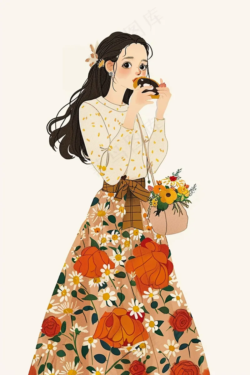 吃甜甜圈的少女花裙鲜花插画背景(2688x4032)