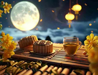 夜色下的中国传统月饼圆圆的中秋月亮中国传统节日糕点摄影图