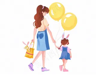 妈妈牵着小孩儿童乐园气球游玩卡通插画免抠