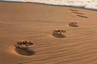海滩上的脚印浪花摄影图