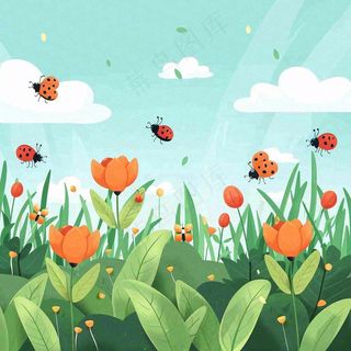 惊蛰雨水谷雨春天二十四节气卡通手绘插画瓢虫昆虫复苏绿色花草卡卡通插画背景