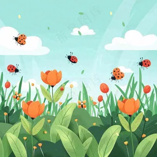 惊蛰雨水谷雨春天二十四节气卡通手绘插画瓢虫昆虫复苏绿色花草卡卡通插画背景