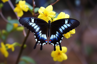 春天蝴蝶飞在黄花树枝上摄影图