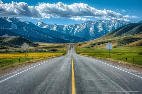 高原草地公路高山白云摄影图