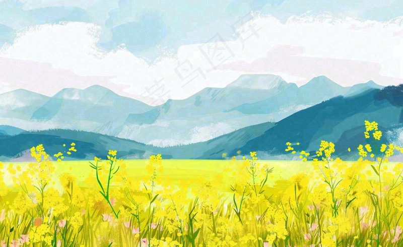 春天油菜花花田山峦蓝天白云惊蛰春分卡通插画背景(1408x864)