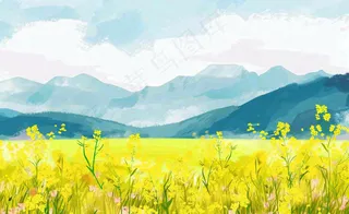 春天油菜花花田山峦蓝天白云惊蛰春分卡通插画背景