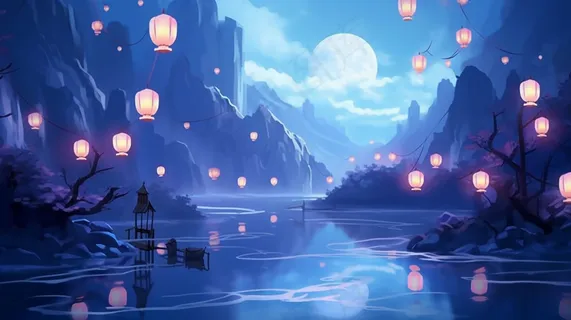 节日灯笼祈福夜晚天水一色蓝色卡通插画插图背景