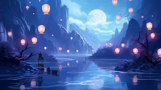节日灯笼祈福夜晚天水一色蓝色卡通插画插图背景