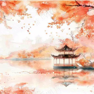 秋天红色枫叶江南水乡凉亭水墨画古风插画背景