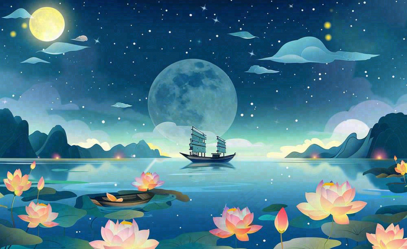 中秋夜晚赏月荷花山水河流中的帆船舟月亮倒映水面中元节寒露插画背景(1408x864)