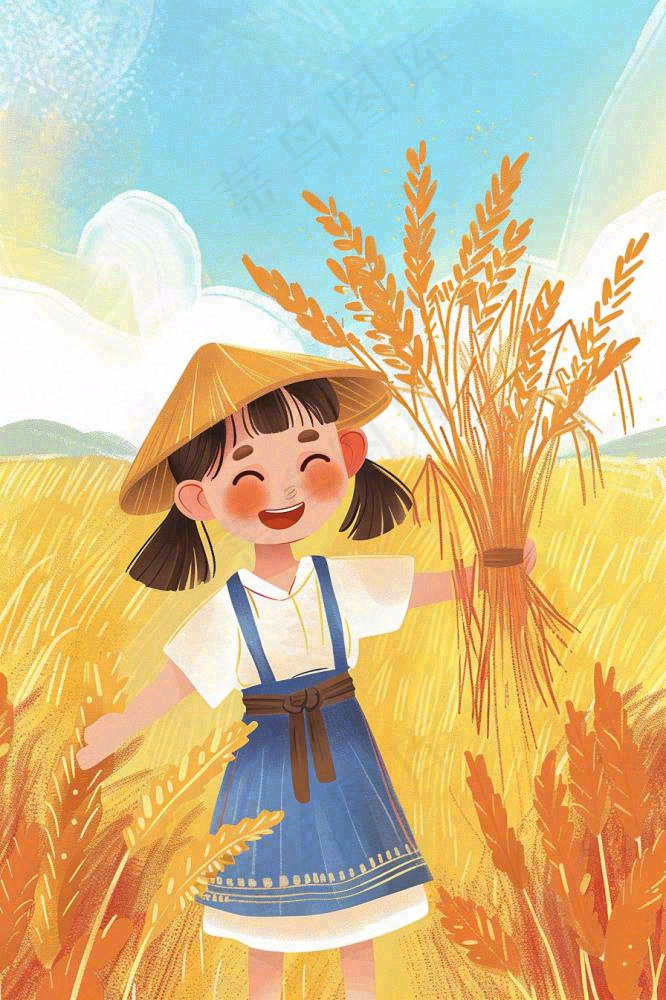 秋收麦田里抱着麦穗的女孩农民芒种立秋秋分卡通插画背景(896x1344)
