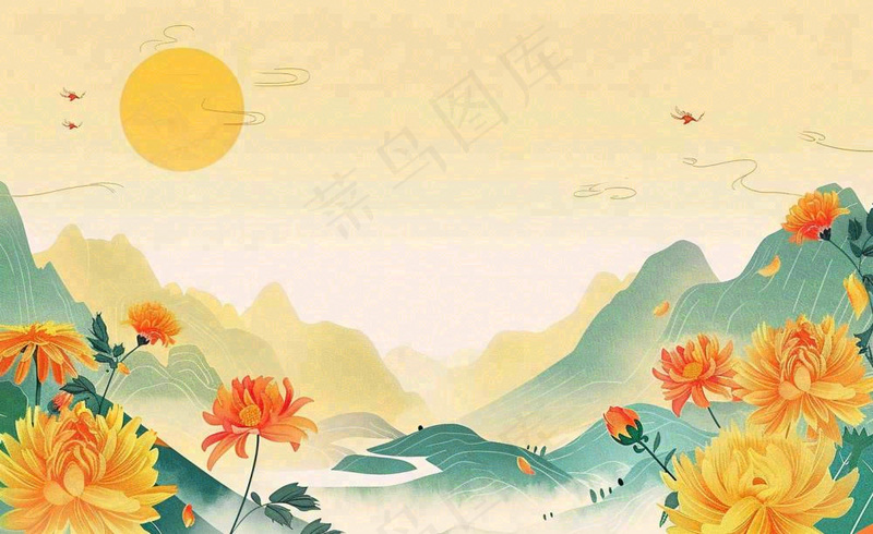 金秋菊花山水国潮插画中秋重阳立秋秋分插画背景(1408x864)