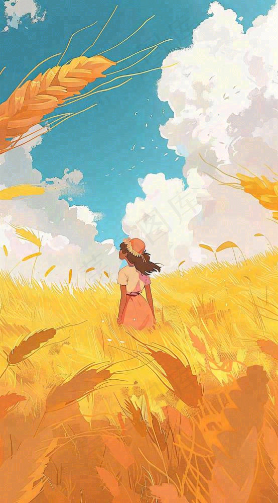 秋天金色麦田女孩蓝天秋收立秋秋分处暑芒种插画背景(816x1472)