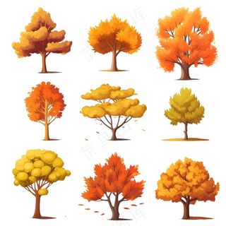 秋天黄了树木卡通插画元素免抠