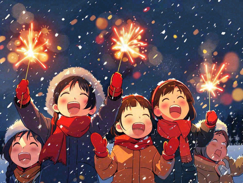 孩童儿童一起放烟花场景开心热闹庆祝新年春节小年除夕夜卡通插画背景
