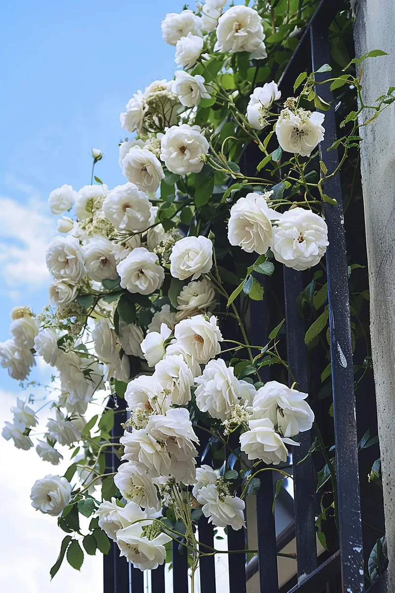 白色玫瑰花爬墙花摄影图(2688x4032)
