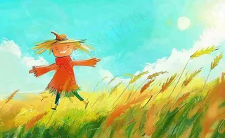 秋天插画唯美清新黄色手绘立秋秋天丰收稻田稻草人风景芒种秋分插画背景