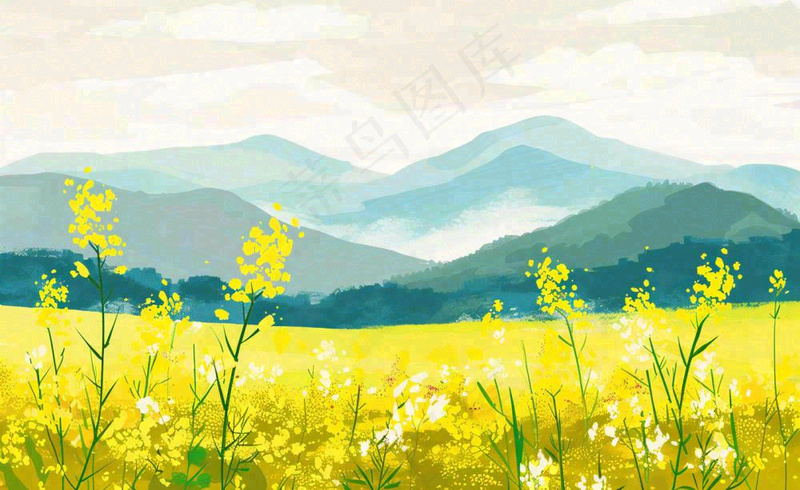 春天油菜花花田山峦蓝天白云惊蛰春分卡通插画背景(1408x864)