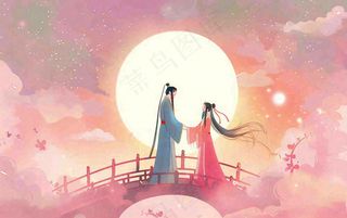 七夕牛郎织女鹊桥相会情侣恋人粉色浪漫梦幻唯美情人节插画背景