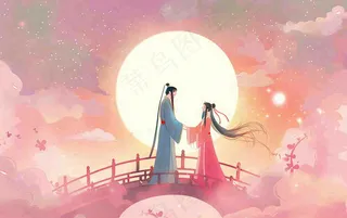 七夕牛郎织女鹊桥相会情侣恋人粉色浪漫梦幻唯美情人节插画背景