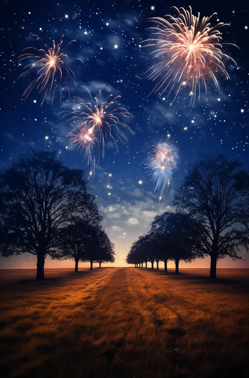 烟花五颜六色的烟花庆典新年节日暮色的天空背景摄影图(2688x4080)