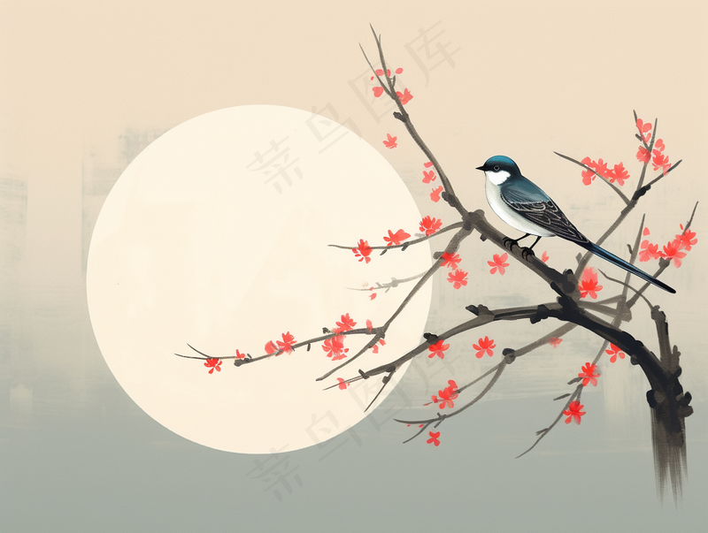 古风水墨画梅花树枝上的小鸟国画插画背景 