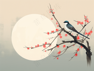 古风水墨画梅花树枝上的小鸟国画插画背景 
