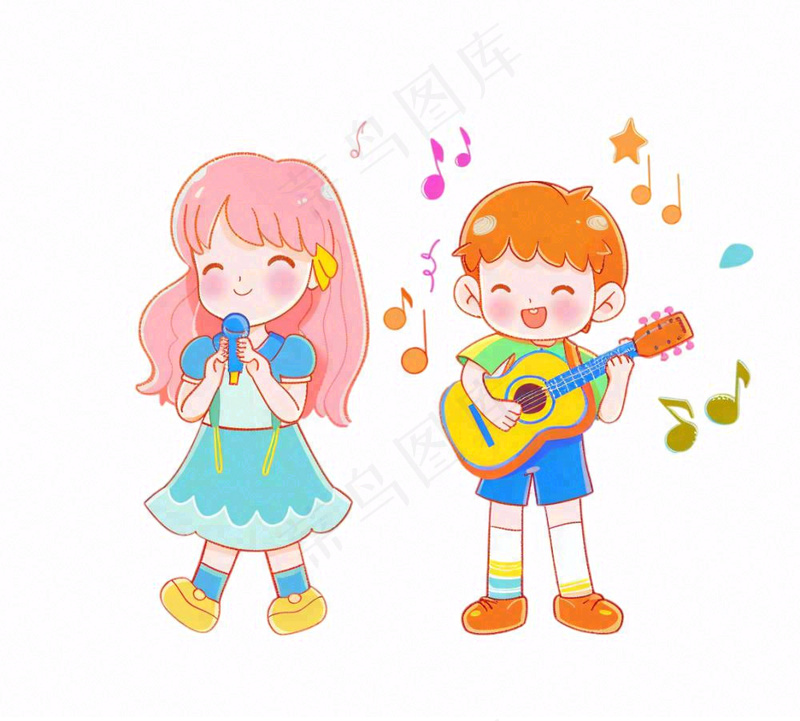 音乐会歌唱比赛儿童学生伴奏弹吉他潮流卡通插画免抠(1136x1024)