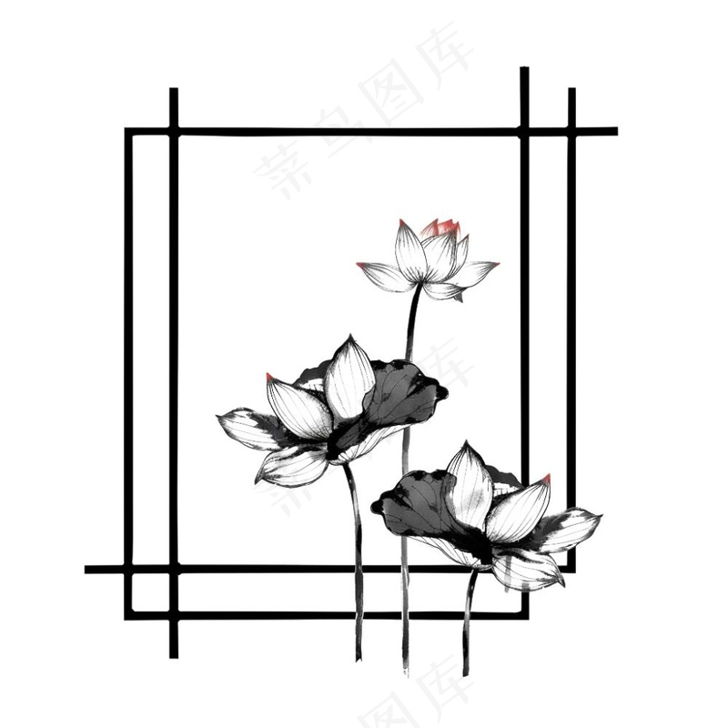 荷花莲花水墨画边框中国风插画免抠