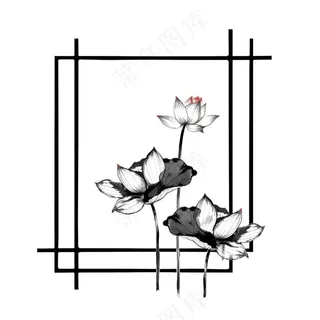 荷花莲花水墨画边框中国风插画免抠