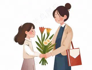 女孩给妈妈送花教师节母亲节卡通插画免抠