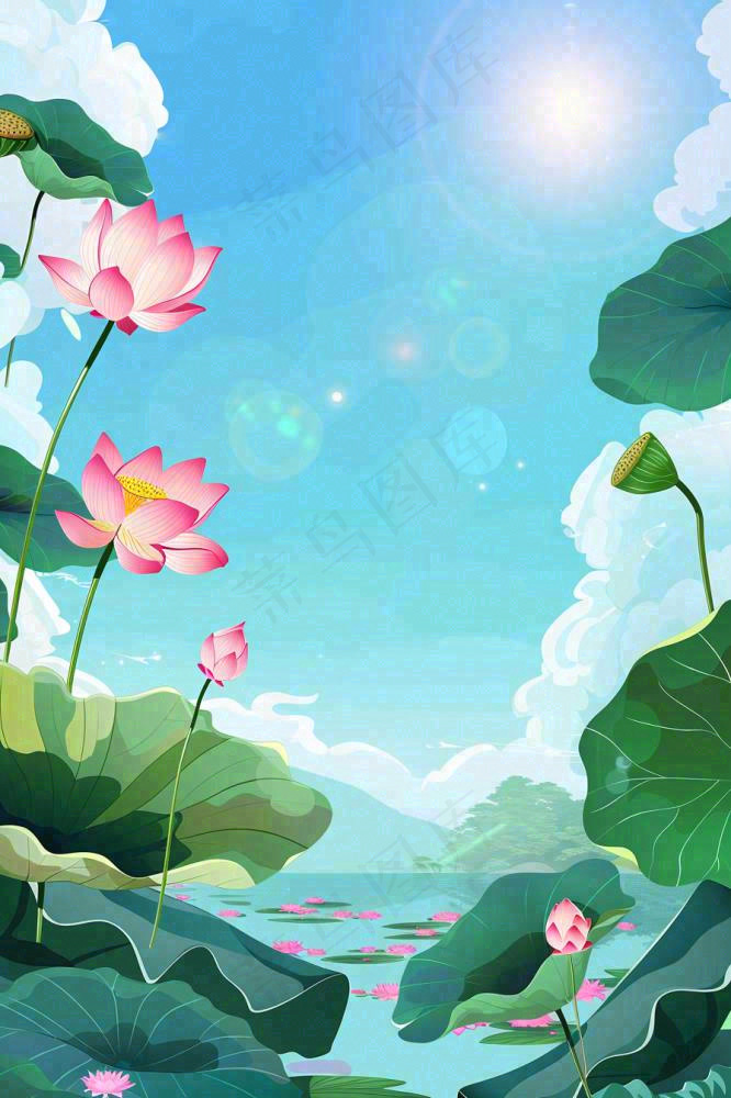 炎炎夏日烈日荷花池荷叶蓝天立夏小暑大暑处暑卡通插画背景(896x1344)