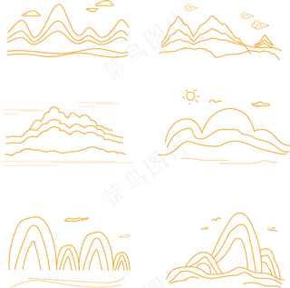 山水波浪祥云中式国风线条68免扣素材