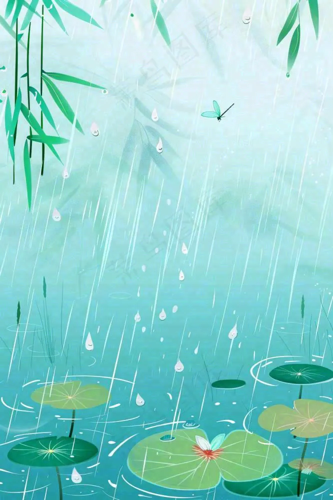 春天雨季池塘里的荷花蜻蜓雨水谷雨惊蛰卡通插画背景(896x1344)